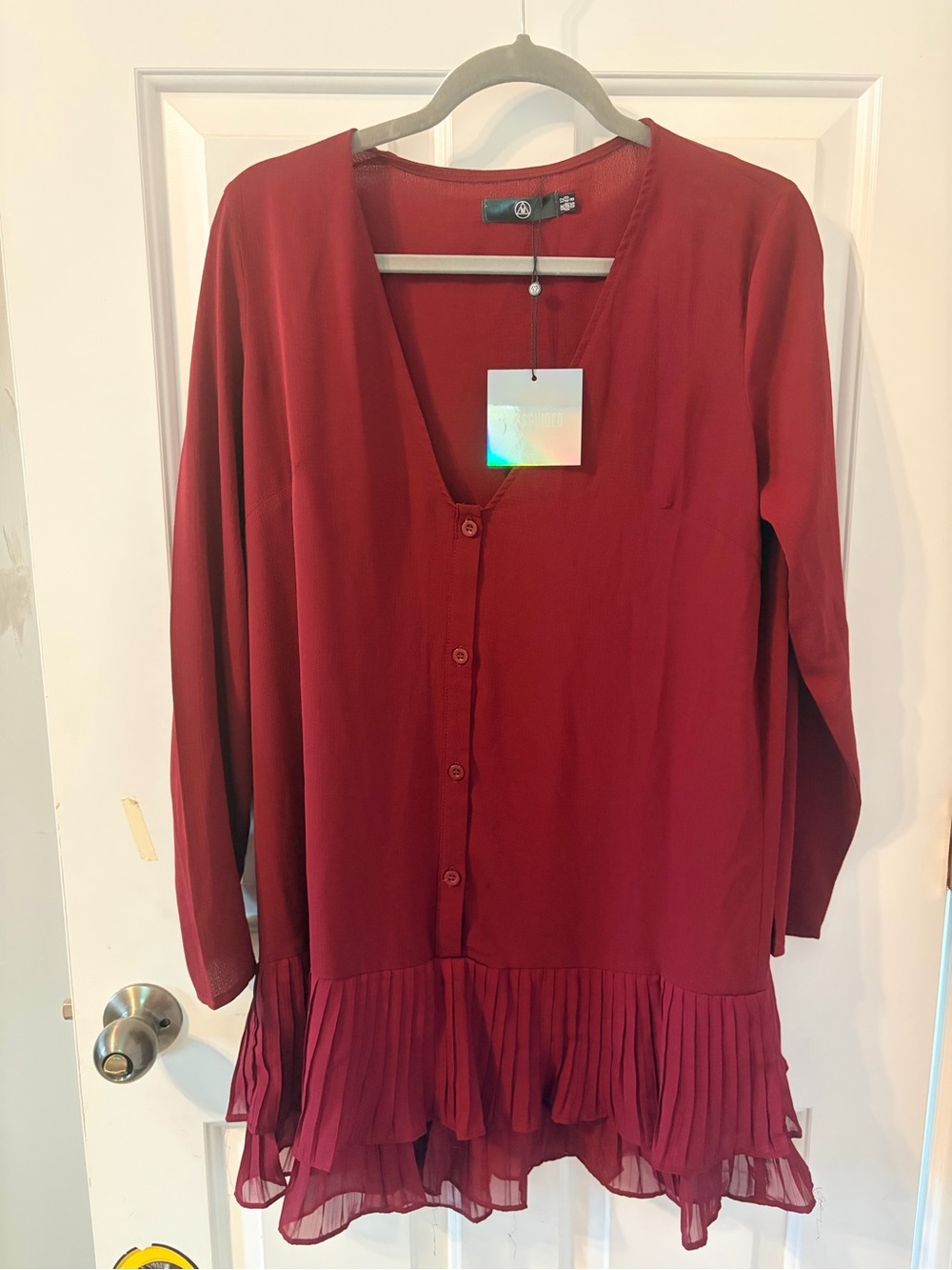 Wine Red Button-Front Pleated Hem Blouse